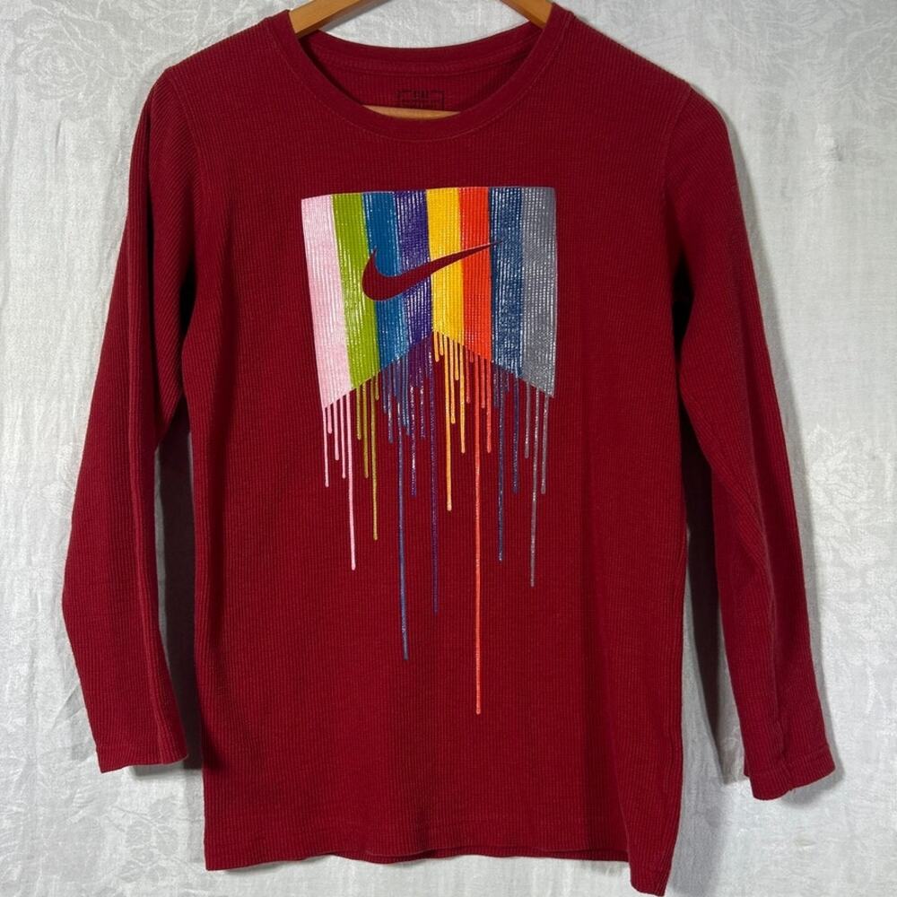 Nike Thermal Long Sleeve T Shirt Large Red Waffle Knit Rainbow Dripping Paint - Picture 2 of 7